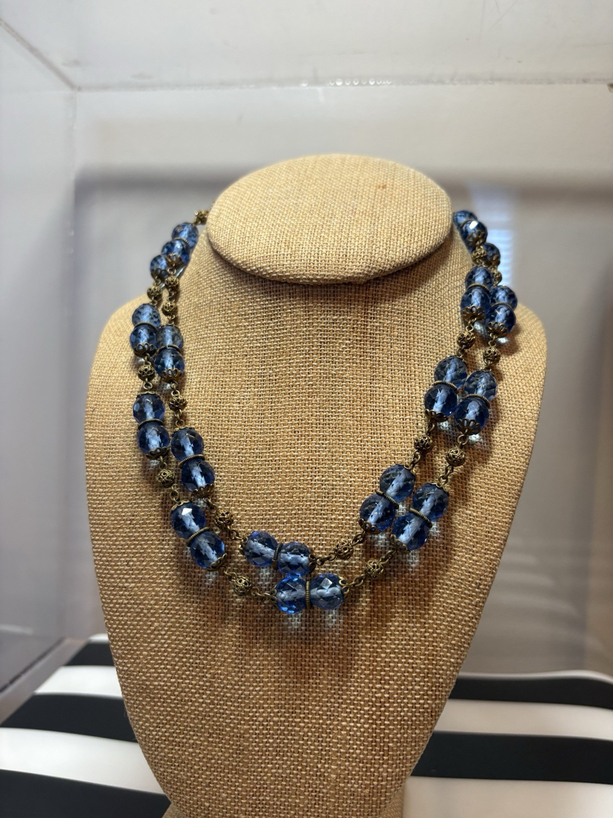 Antique Art Deco Blue Czech Glass & Brass Filigree 34 Inch Necklace 20s-30s
