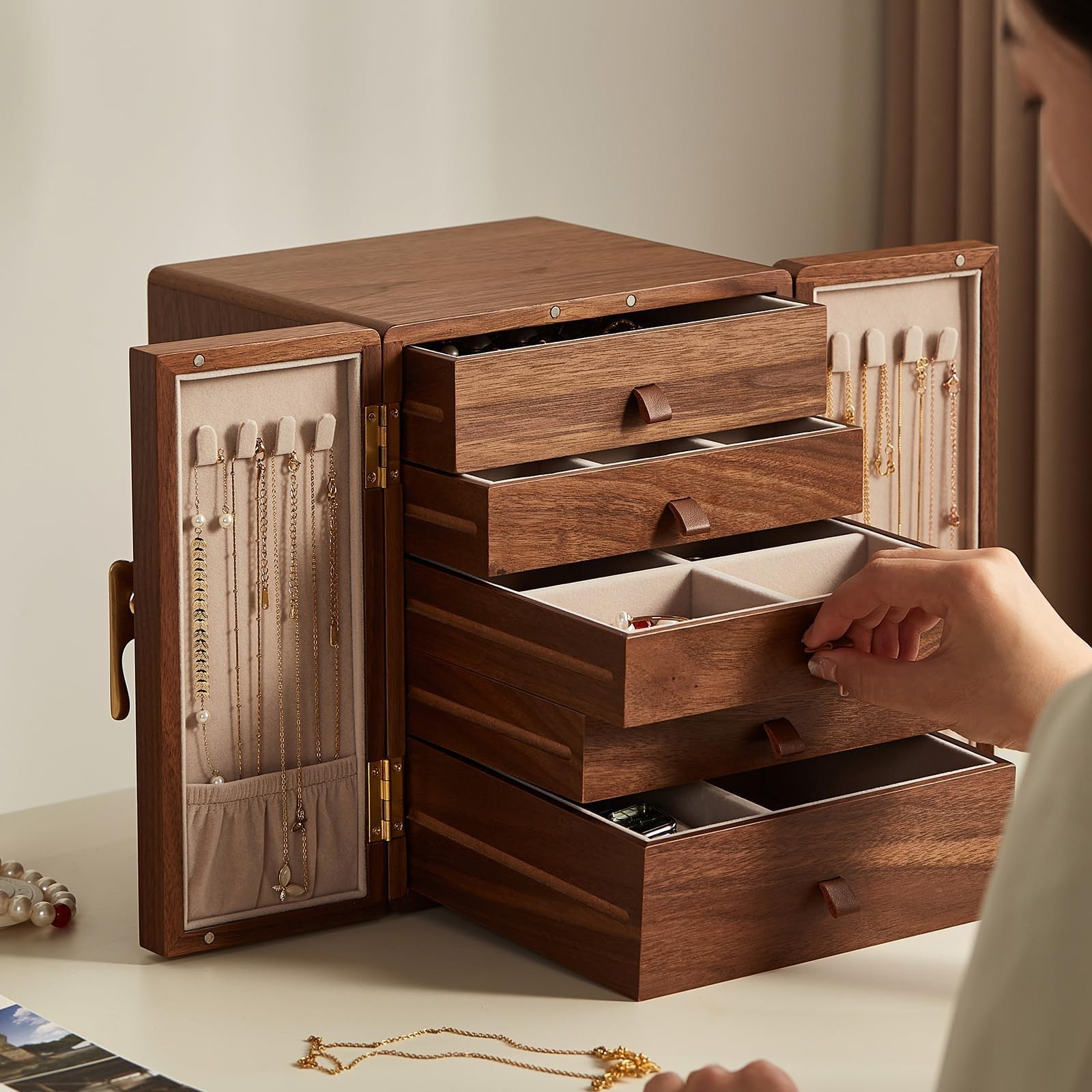 Black Walnut Wooden Jewelry Box 5 Layer Large Wood Jewelry Organizer Brass Ha…