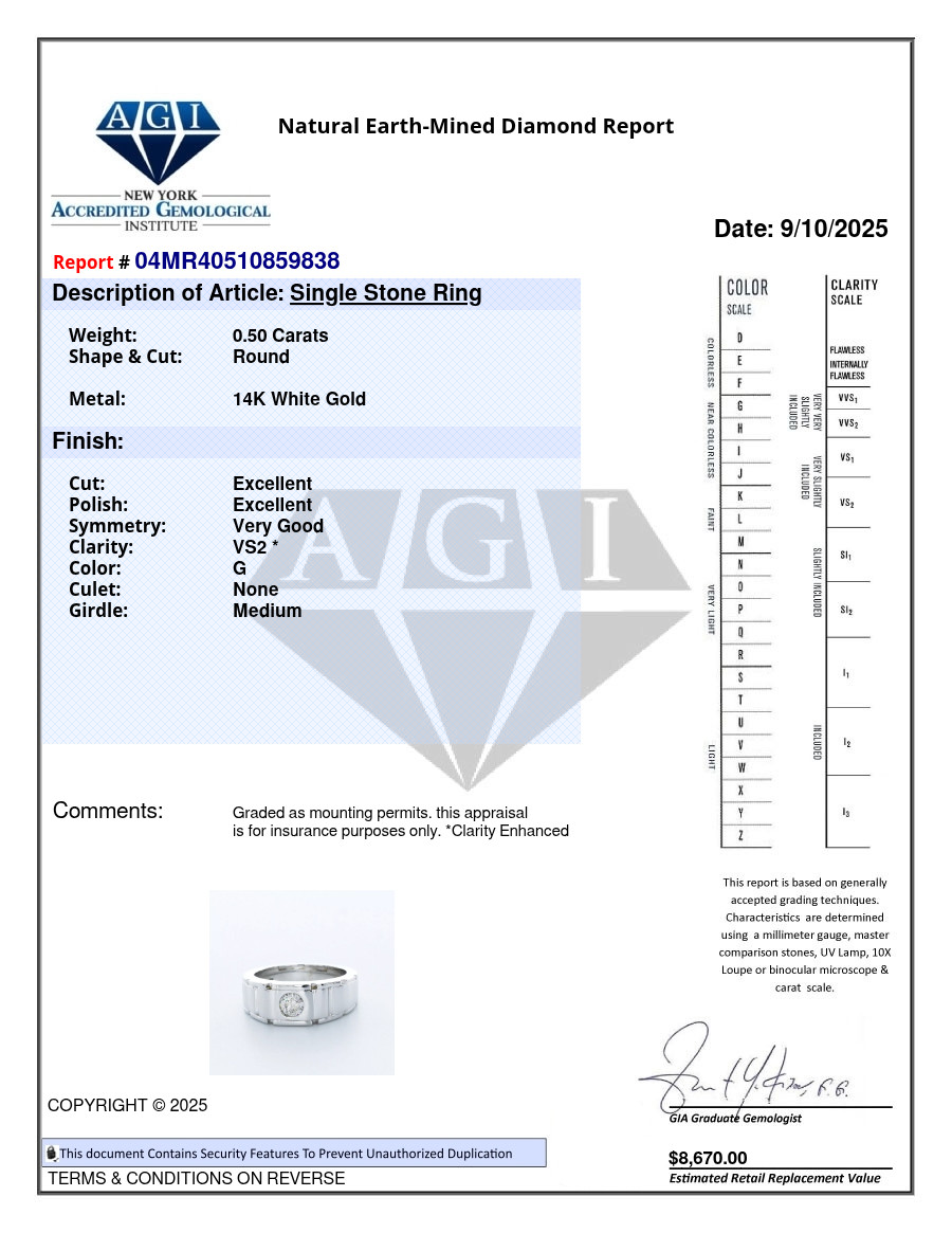 Single Stone Mens Ring 14K Gold Classic 0.50 Carat Round Natural Diamond G VS2