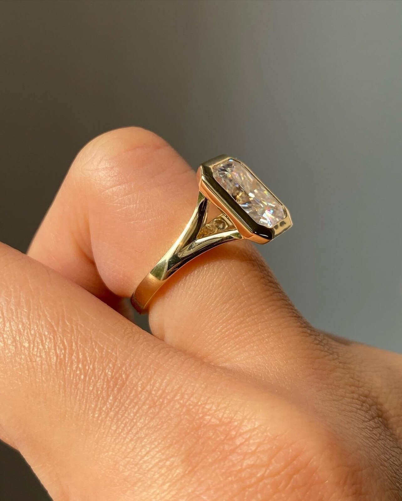 Radiant Cut Moissanite Solitaire Bezel Set Wedding Ring 14K Yellow Gold Plated