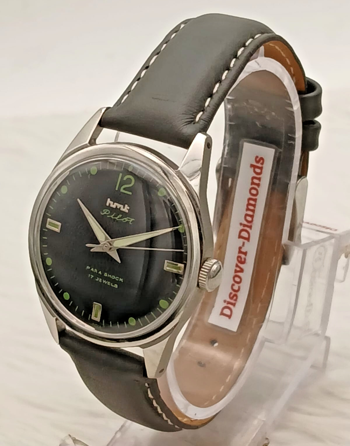 HMT Pilot Vintage Mechanical Watch Black Dial Green Lume 17 Jewels India