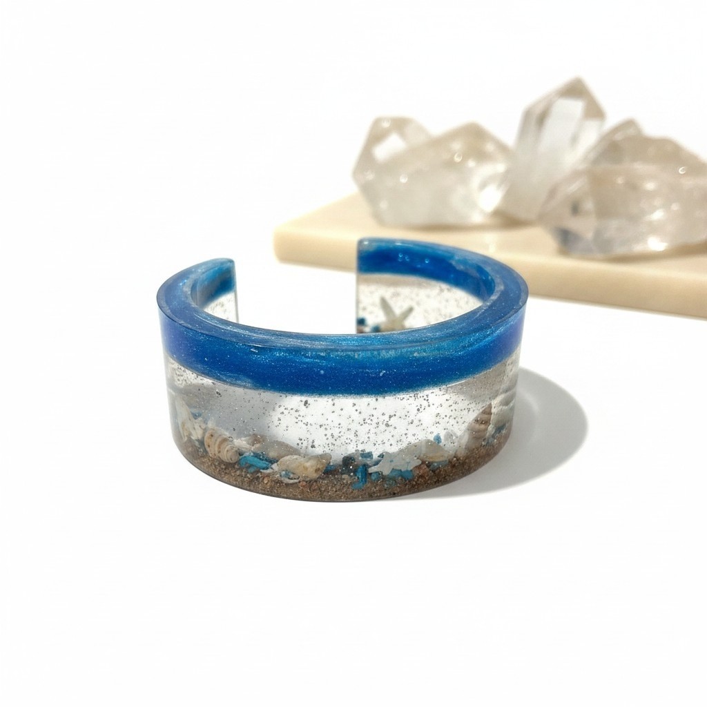 Ocean Scene Resin Wide Cuff Bracelet Artisan Made OOAK Wearable Art