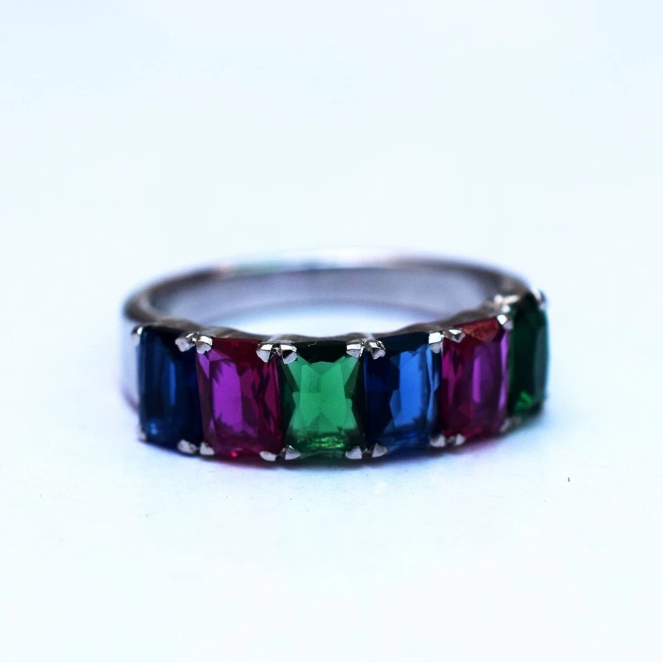 6×4 MM Created Sapphire Ring Half Eternity Band 925 Sterling Silve
