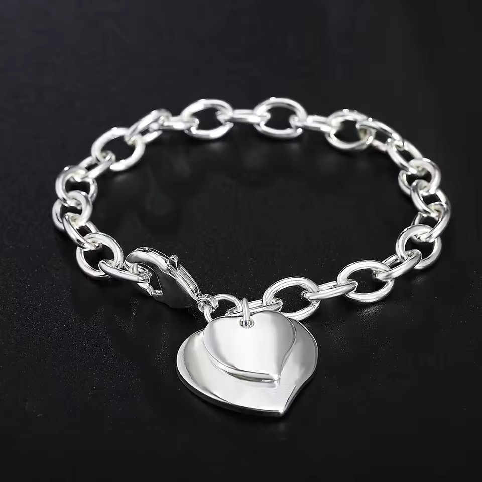 925 Sterling Silver Double Heart Pendant Bracelet Charm Wedding Christmas Gift