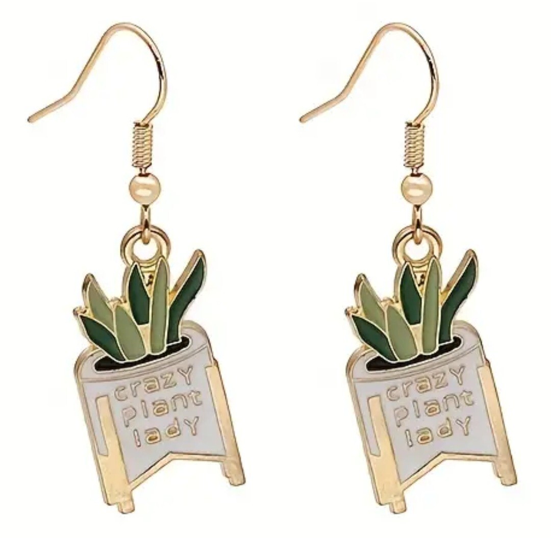 CRAZY PLANT LADY Earrings Unique Green And Gold Novelty Gift Potted Plant NEW