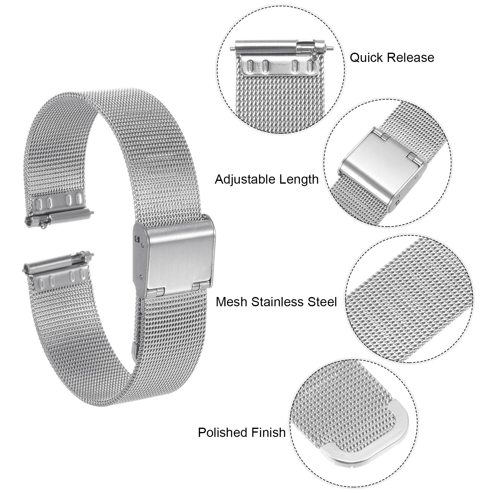 Stainless Steel Mesh Watch Band 16mm Quick Release Adjustable Strap Silver New