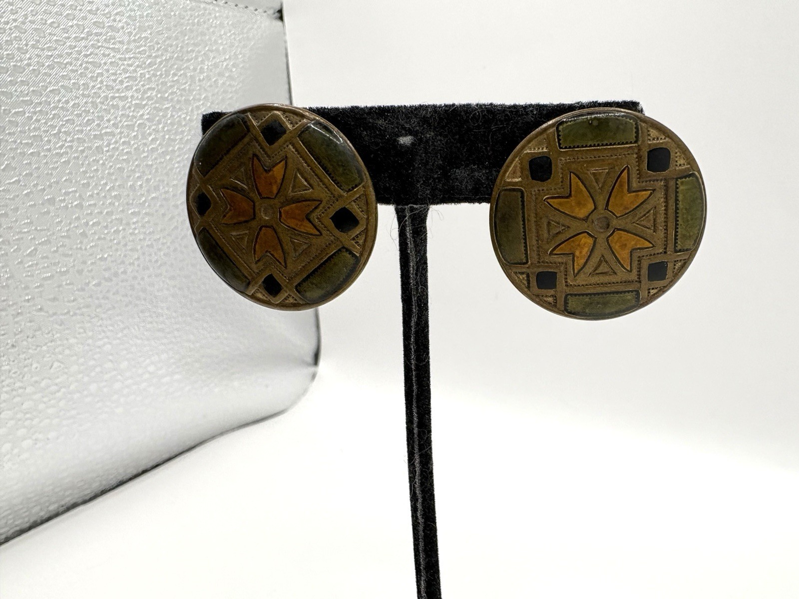 Aged Brass Multi Colored Enamel Quilt Pattern Stud Pierced Earrings