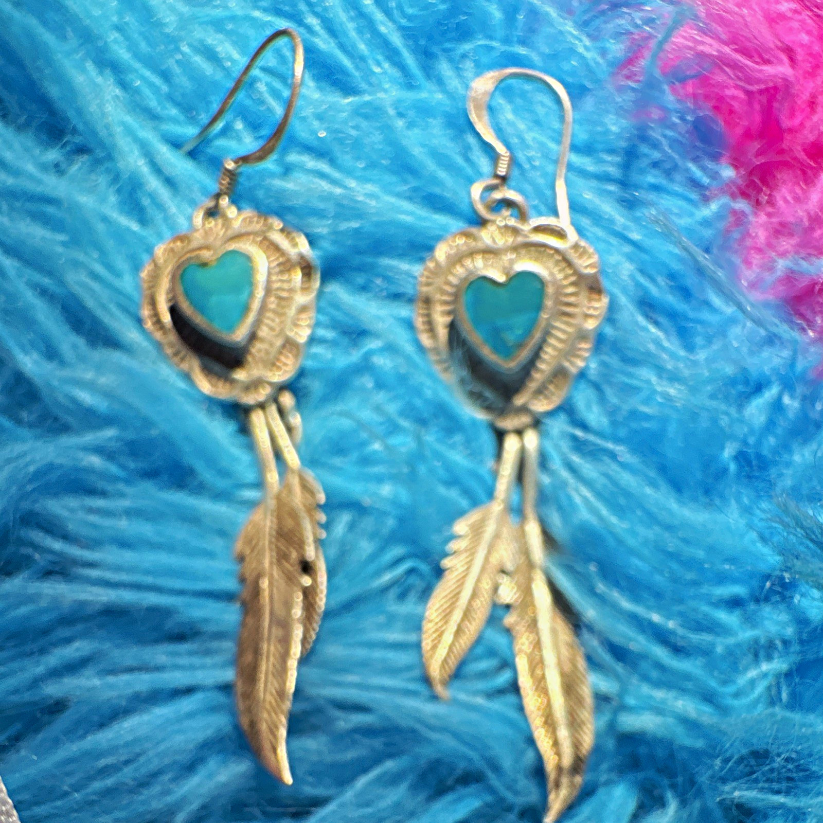Gold Tone Heart Blue Turquoise Dangle Hook Earrings with Feather Charms