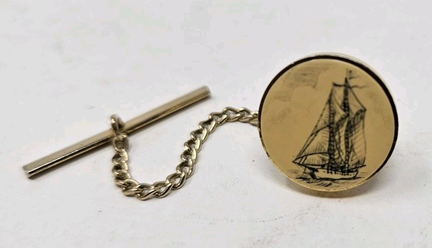 Vintage Barlow Boat Nautical Scrimshaw Tie Tac Ship Carved Scrimshaw Pin