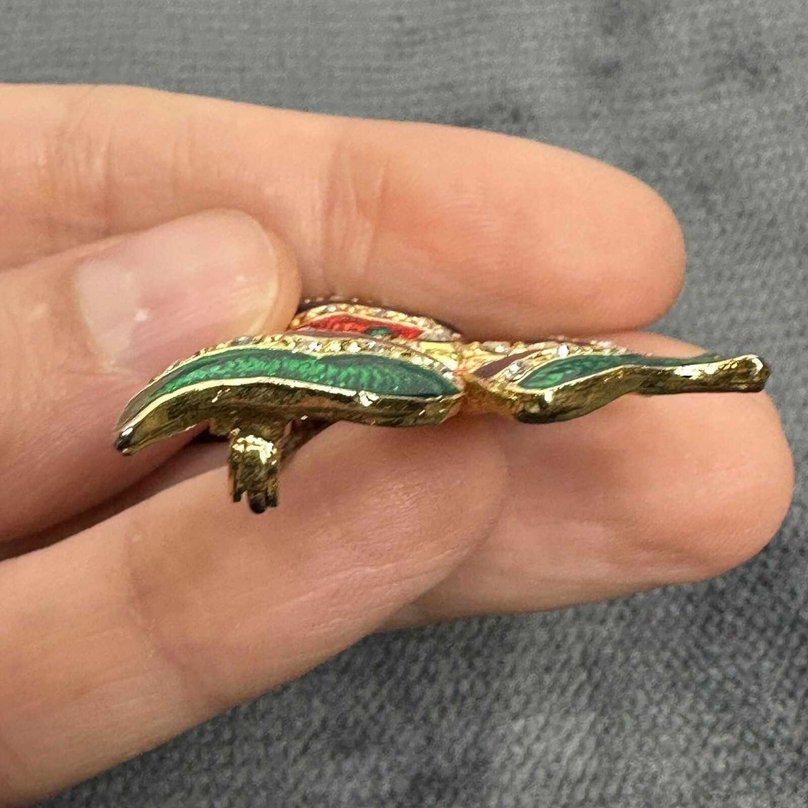 Vintage Butterfly Enamel Brooch Pin Gold Tone Red Blue Green Rhinestones Shiny
