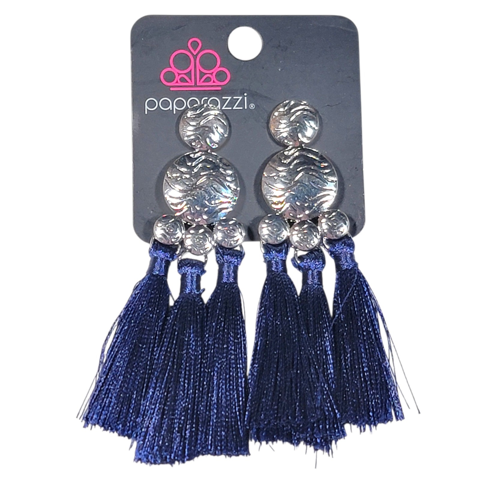 Paparazzi Taj Mahal Tourist Earrings Navy Blue Silver Tone Statement Boho Tribal