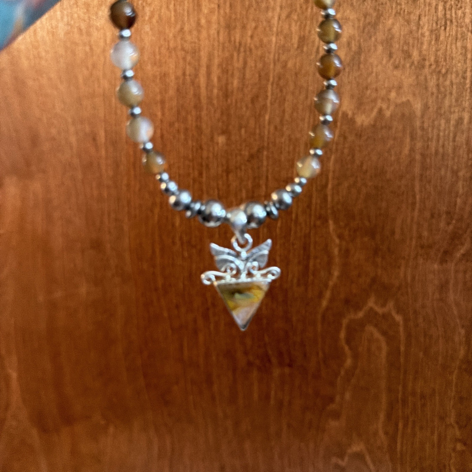 Handmade Coffee Agate Bead Necklace With Unique Sterling Silver Pendant 18-20in