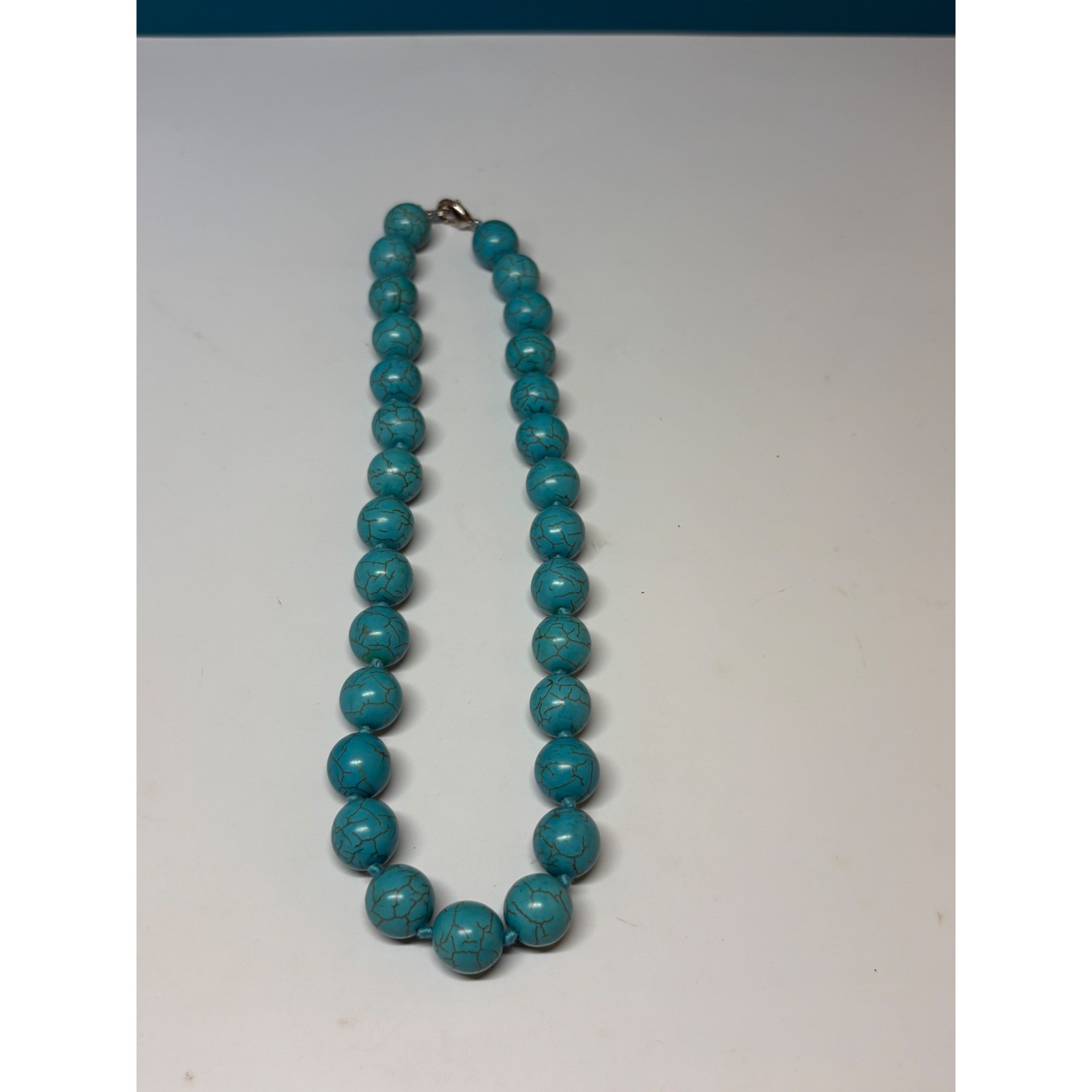 Turquoise Blue Magnesite Round Bead Knotted Statement Necklace 18 Inch