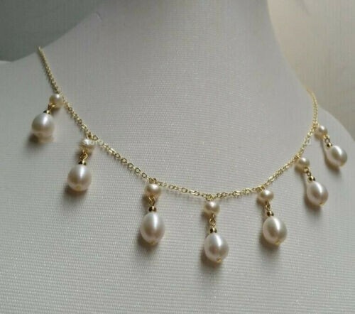 New Akoya Natural White Pearl Necklace 18″ 14k Yellow Gold lady necklace