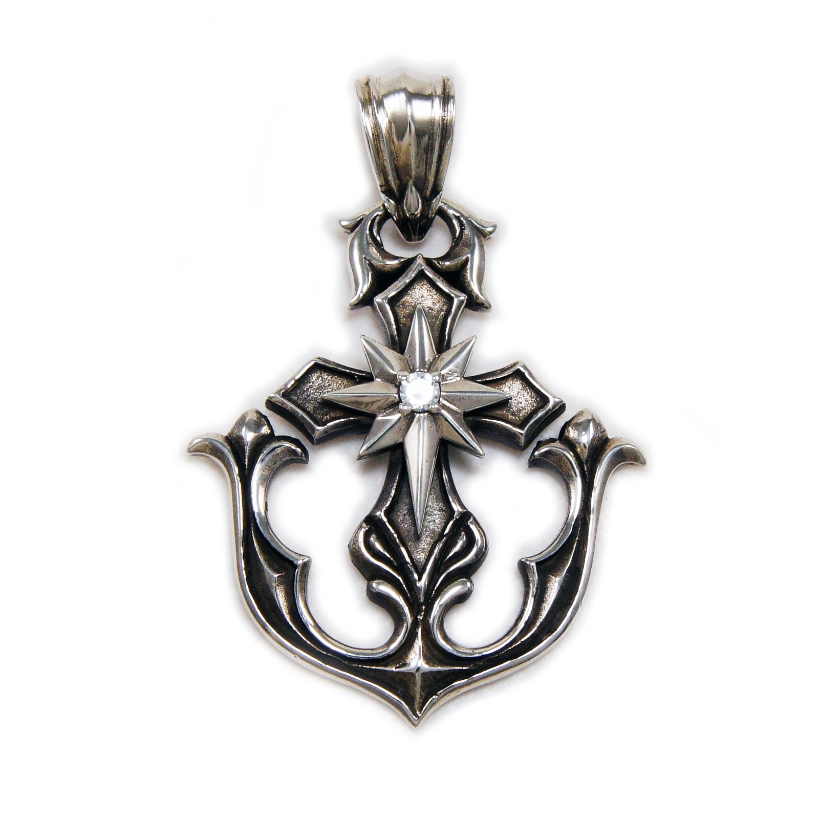 ANCHOR CROSS STAR 925 STERLING SILVER BIKER GOTHIC ROCKABILLY PENDANT NG-003