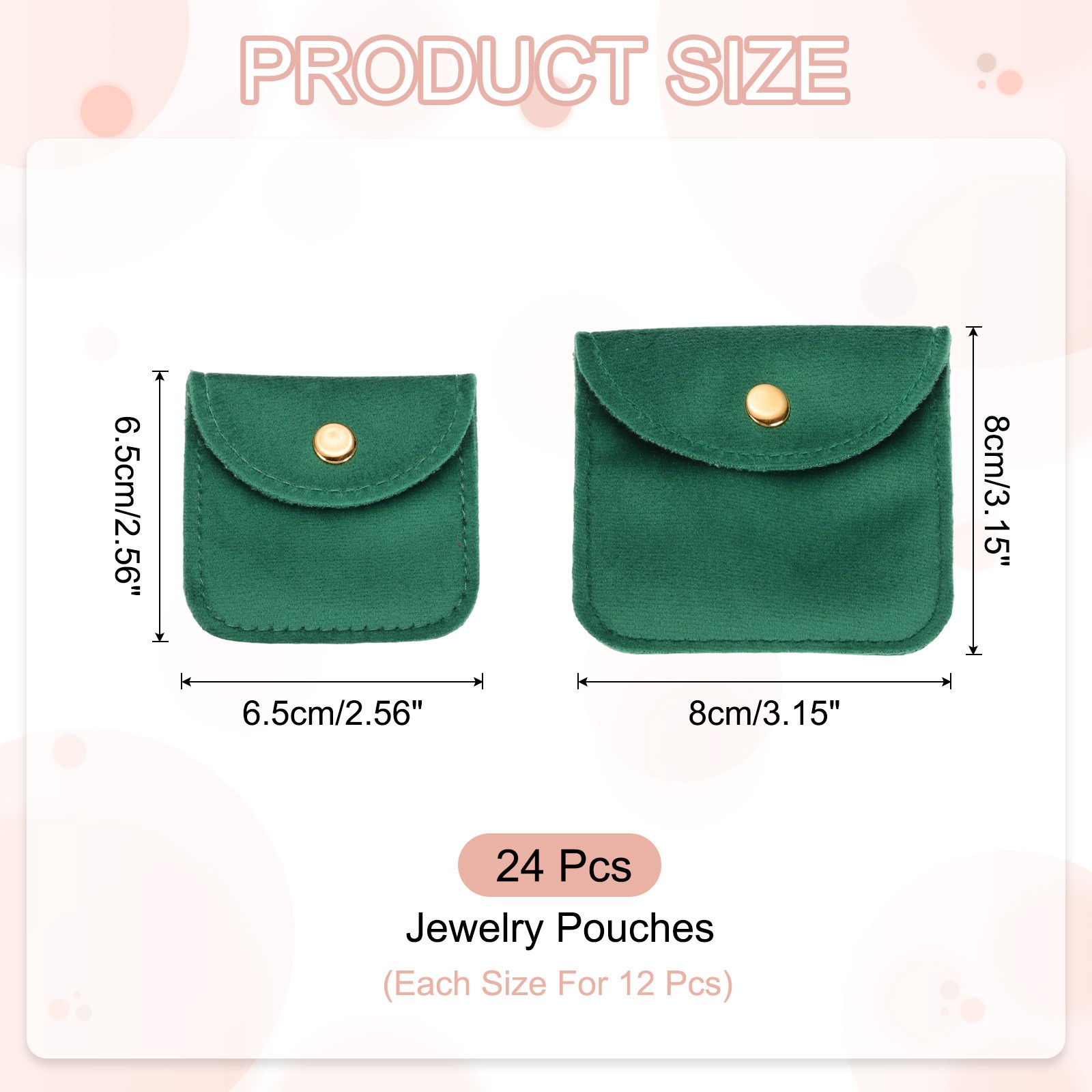 6 Pcs Velvet Jewelry Pouches Gift Bag with Snap Button (2″x2″/3″x3″) Dark Green