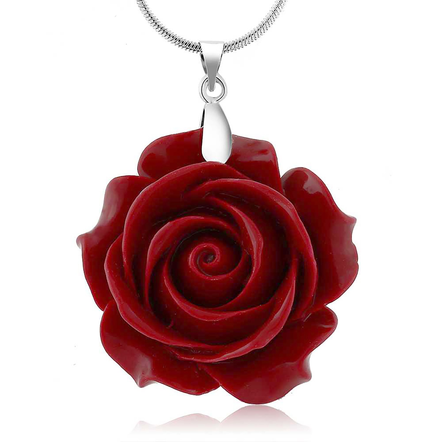 35MM Red Simulated Coral Carved Rose Flower Pendant With 16 Inch + 2 Inch