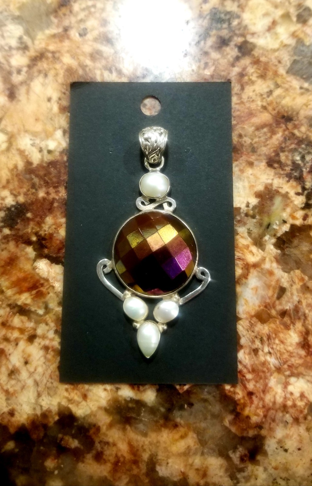 Vintage artisan pendant, checkerboard-faceted Purple stone, pearls, Silver