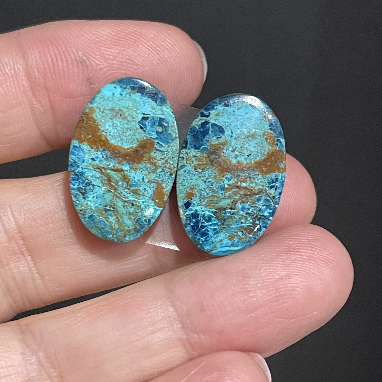 31ct 22×14.5×5.4mm Pair Of Green Blue Shattuckite Oval Cabochons Gems