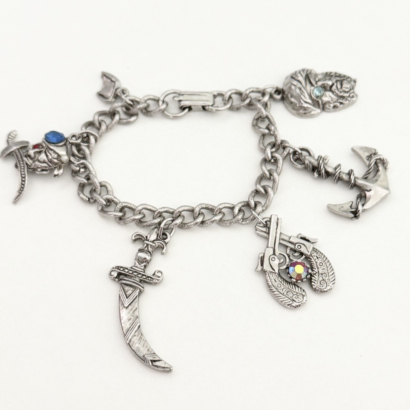 Vintage Pirate Nautical Themed Charm Bracelet Chunky Silver Tone 6.5″