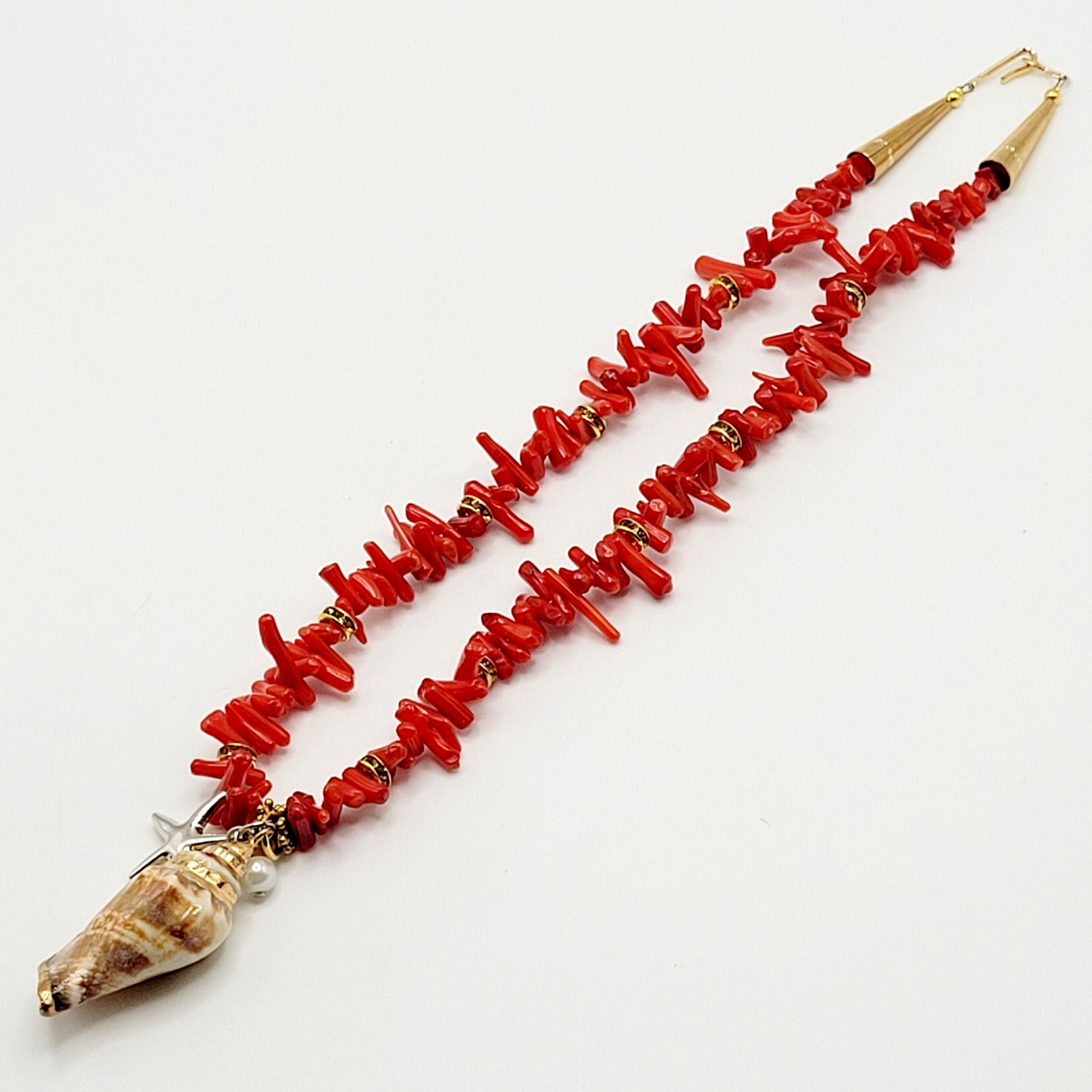 Vintage SW Artisan Red Branch Coral w Shell Pendant Gold Tone Cones Necklace