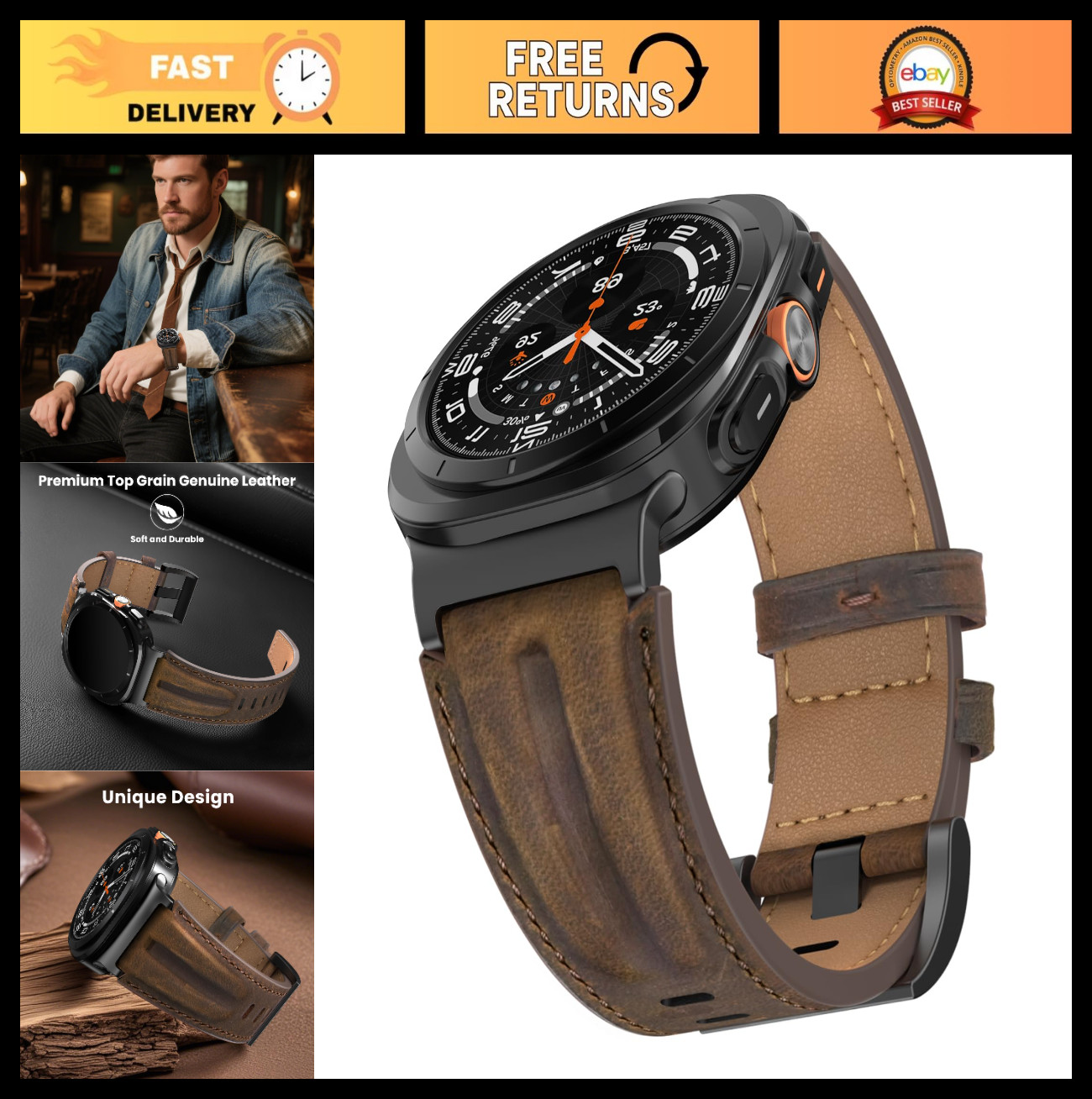 Handcrafted Leather Watch Band for Samsung Galaxy Watch Ultra 47mm – Rugged Meta
