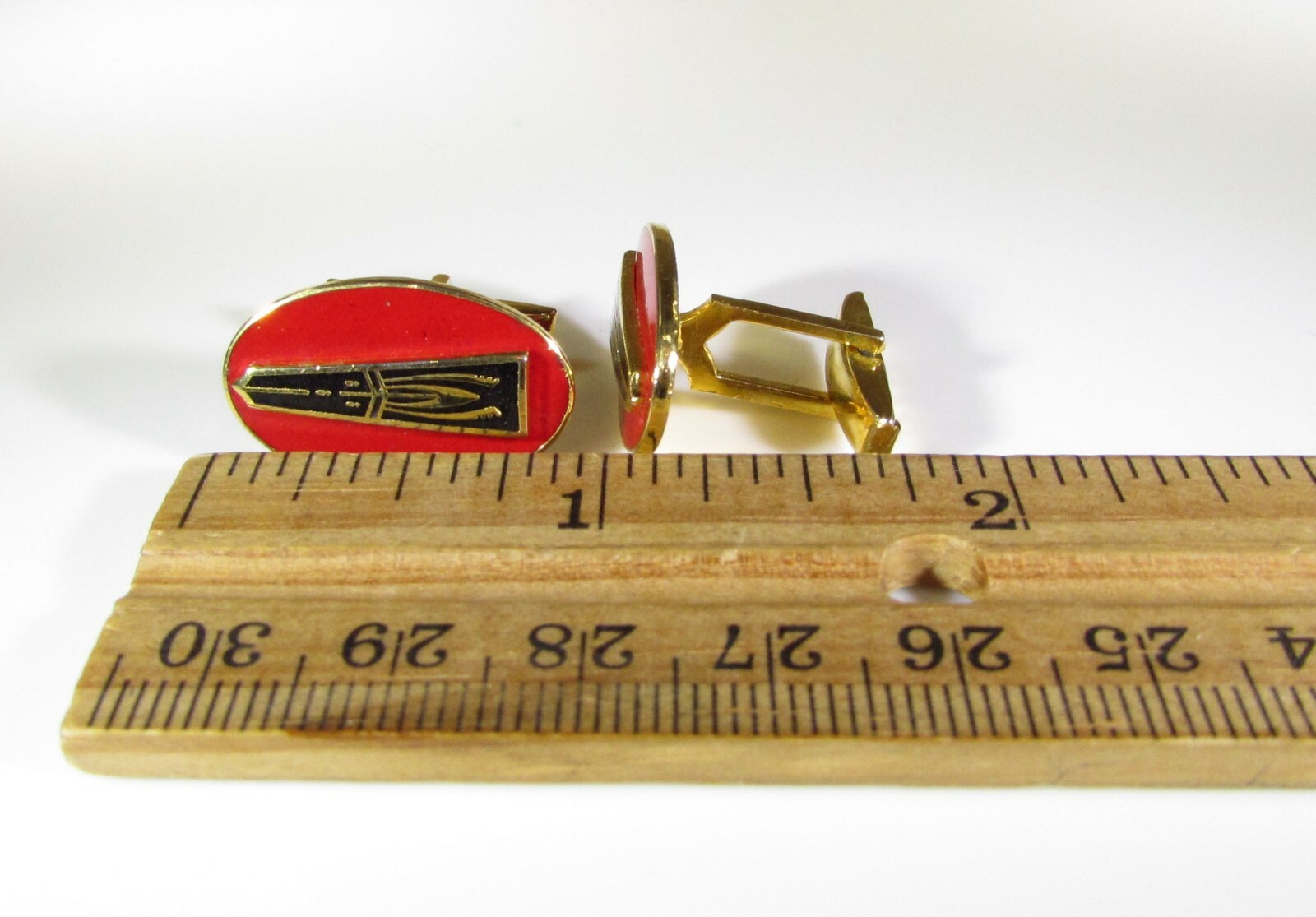 Vintage Kinney Co signed Oldsmobile Rocket Red Enamel Cufflinks Gold Tone MCM