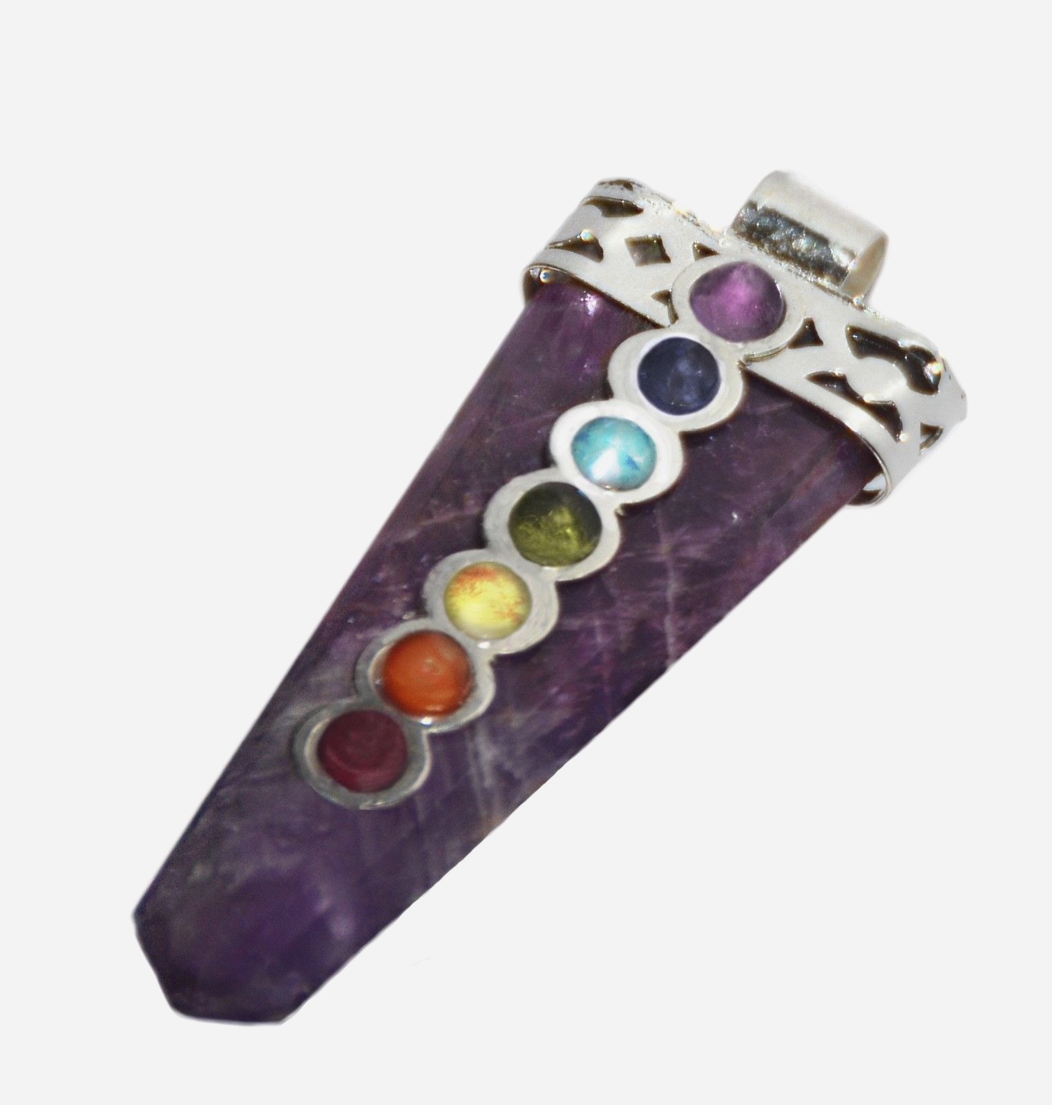 Amethyst Crystal Point 7 Chakra Gemstone Silver Pendant Necklace Reiki Healing
