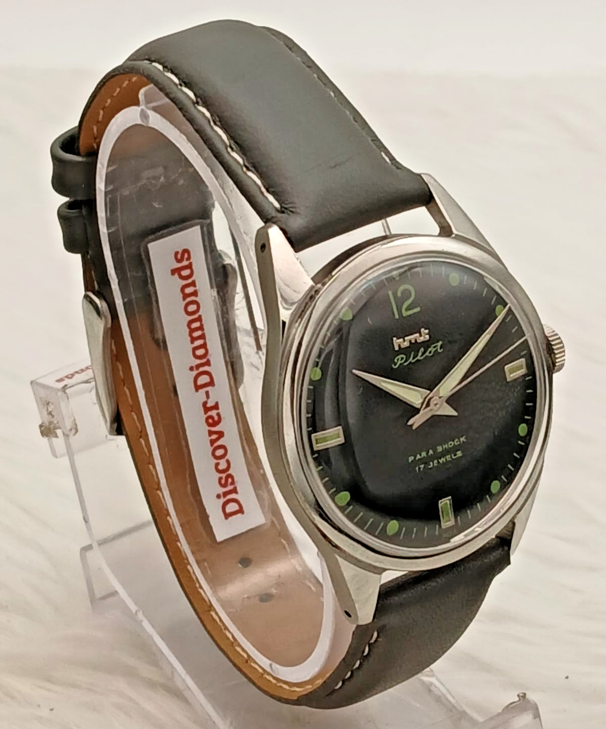 HMT Pilot Vintage Mechanical Watch Black Dial Green Lume 17 Jewels India