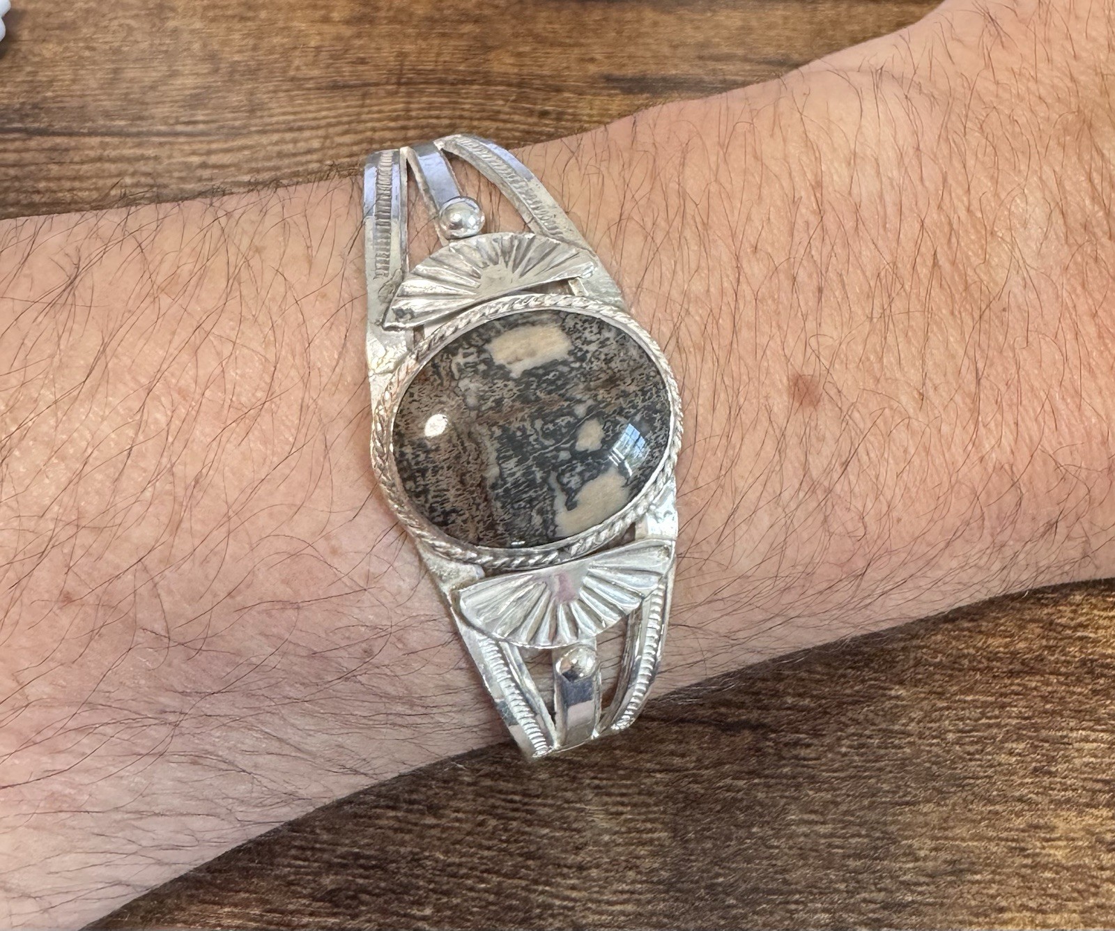 Sterling Silver Petrified Wood Cuff Bracelet – Vtg Southwestern Fred Harvey Era