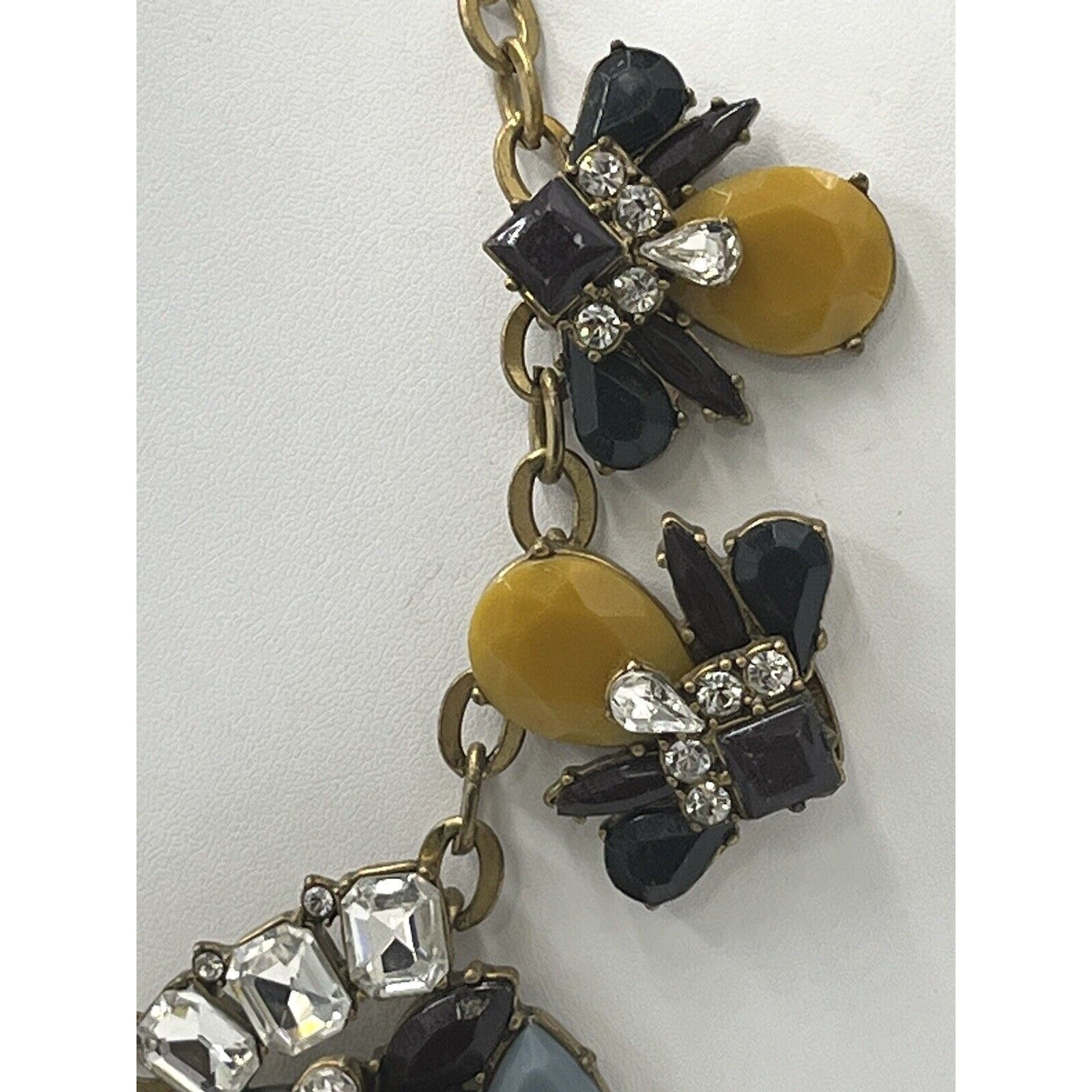 J. Crew Mustard Yellow Blue Eggplant Antique Gold Rhinestone Statement Necklace