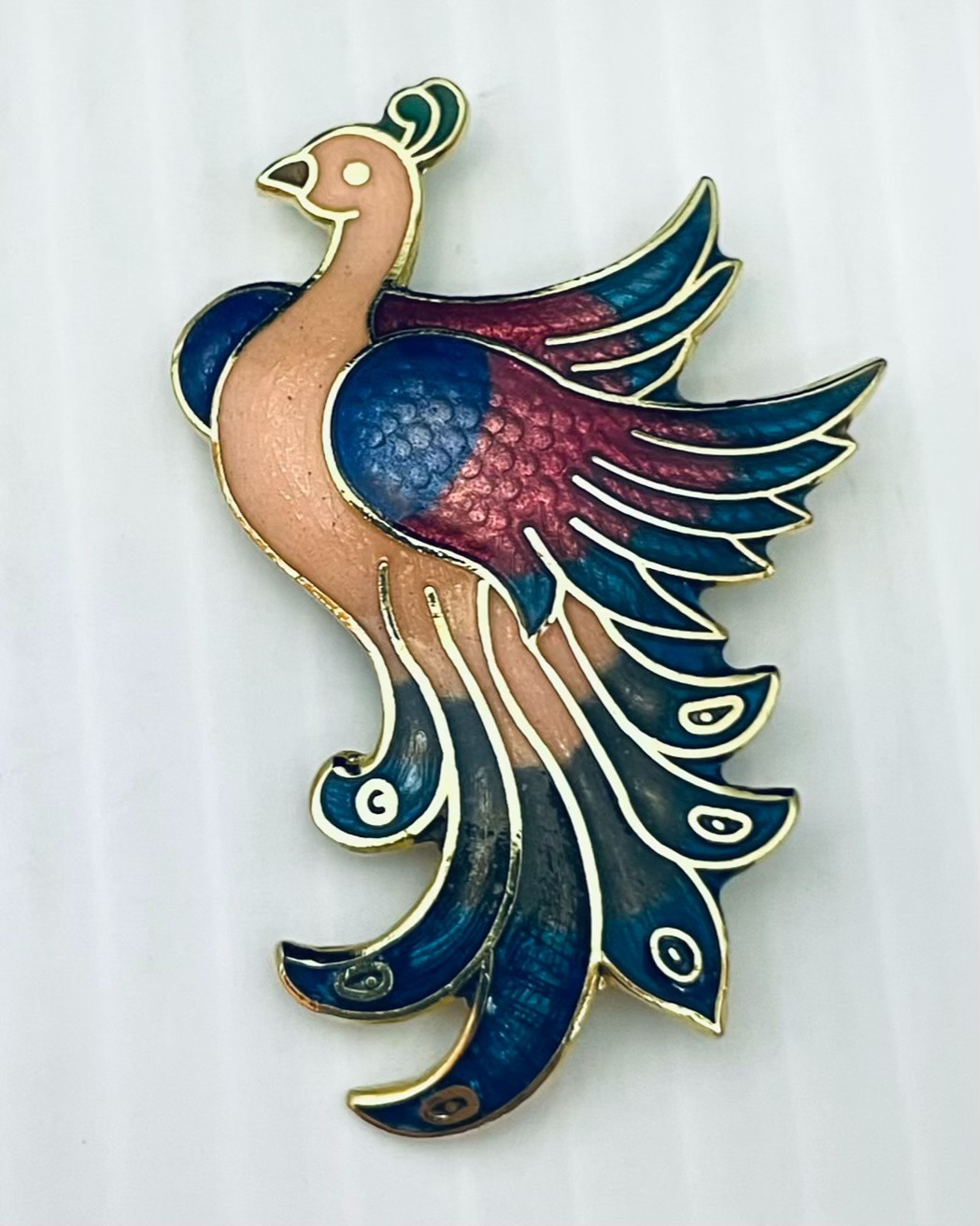 Cloisonné Peacock Brooch Paradise Bird Pink Red Green Enamel Mystical Fantasy