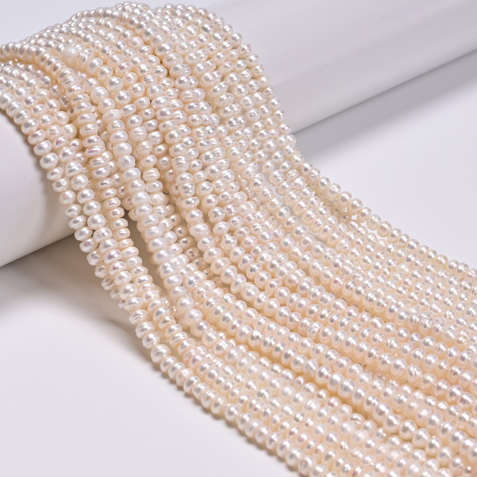 Natural White Fresh Water Pearl Ringed Rondelle Button Beads 3x4mm 14” Strand