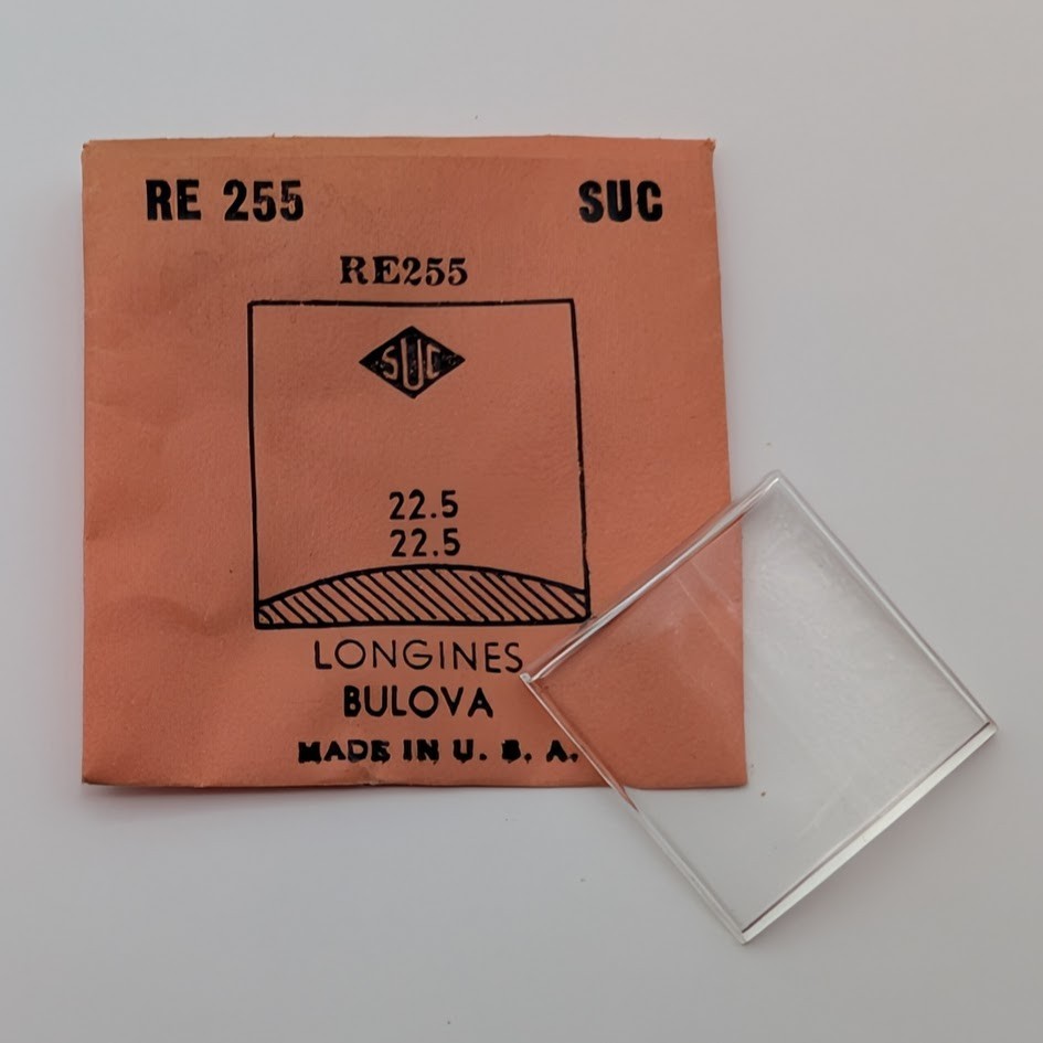 SUC RE255 22.5×22.5mm Rectangular Watch Crystal Longines Bulova NOS