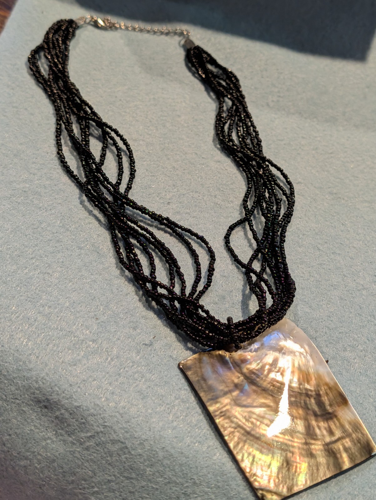 Bllack Seed Bead Necklace Iridescent Square Mother of Pearl Pendant