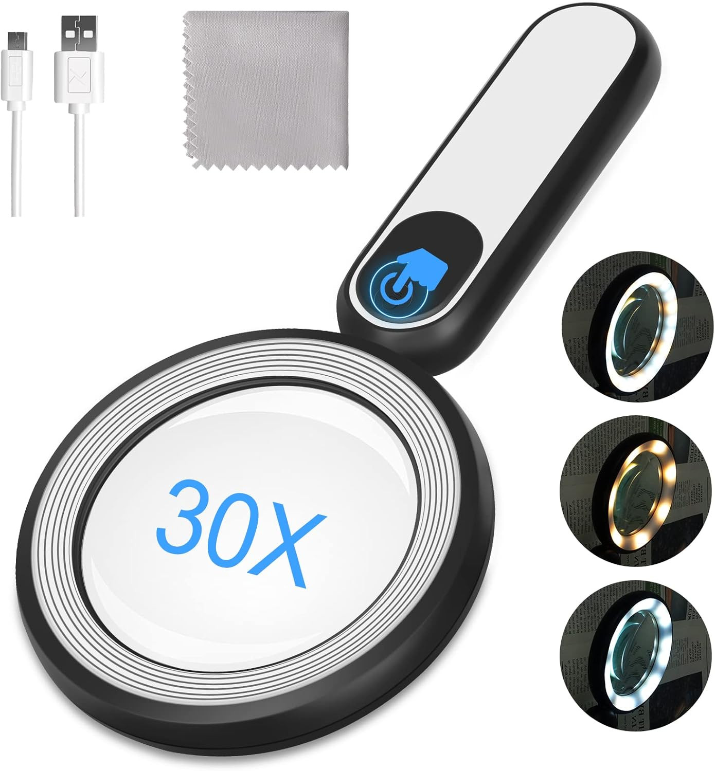 Rechargeable 30X Magnifying Glass with Light – 21 LED, 3 Modes, Handheld