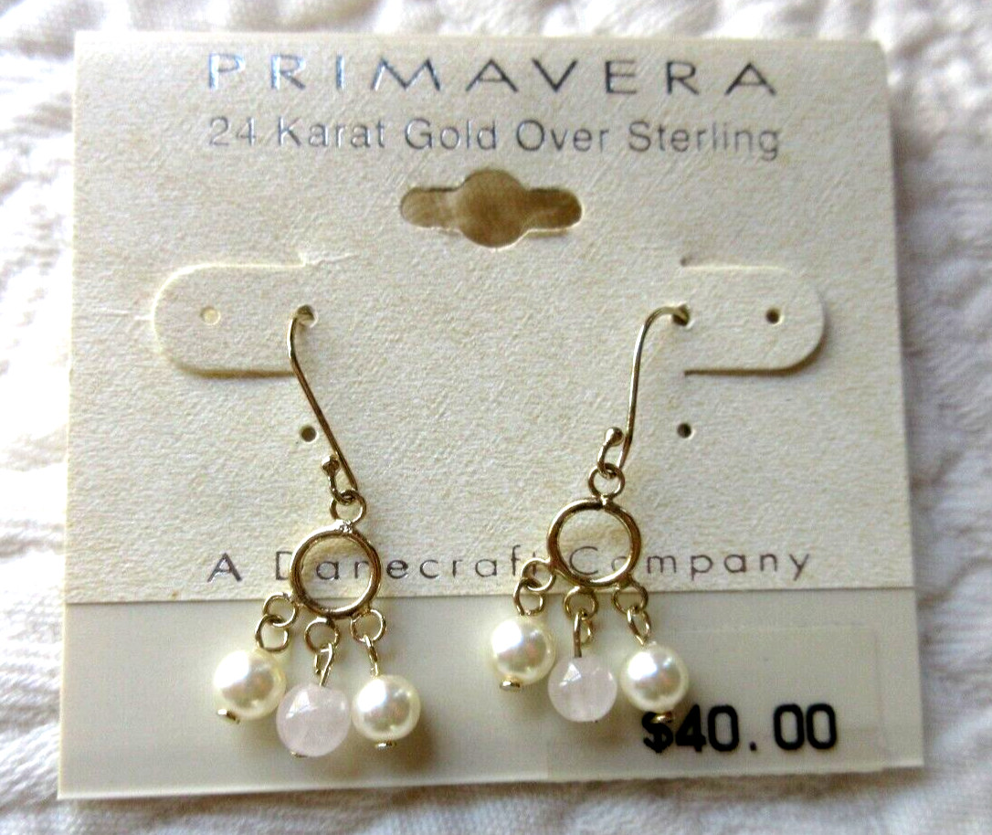 DANECRAFT PRIMAVERA EARRINGS NWT 24 KARAT GOLD OVER STERLING FAUX PEARL DANGLE