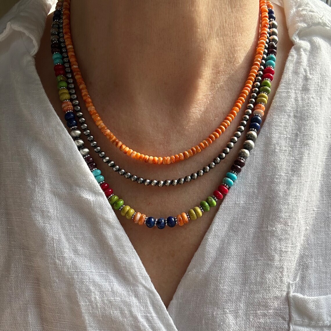 Multicolor Turquoise Silver Necklace, Blue Green Orange Yellow Red Lapis Coral..
