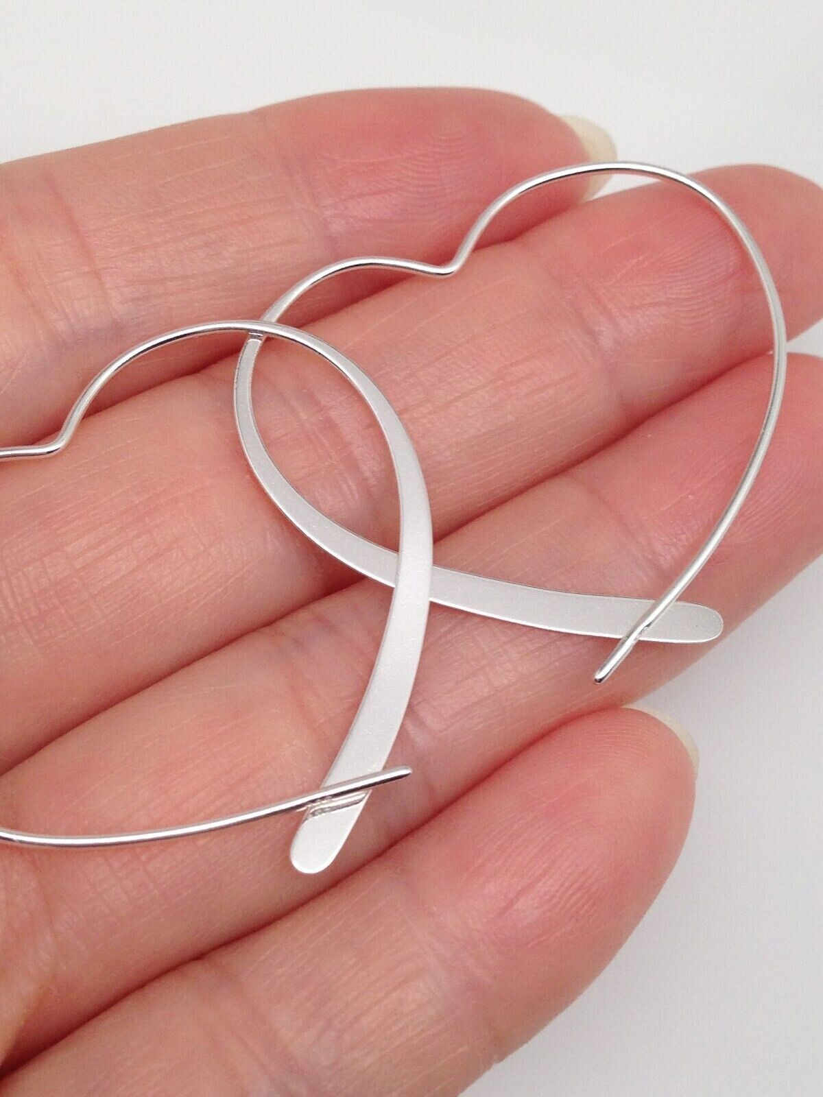 925 Sterling Silver Heart Threader Hoop Earrings Plain 34mm(1.34″)x32mm