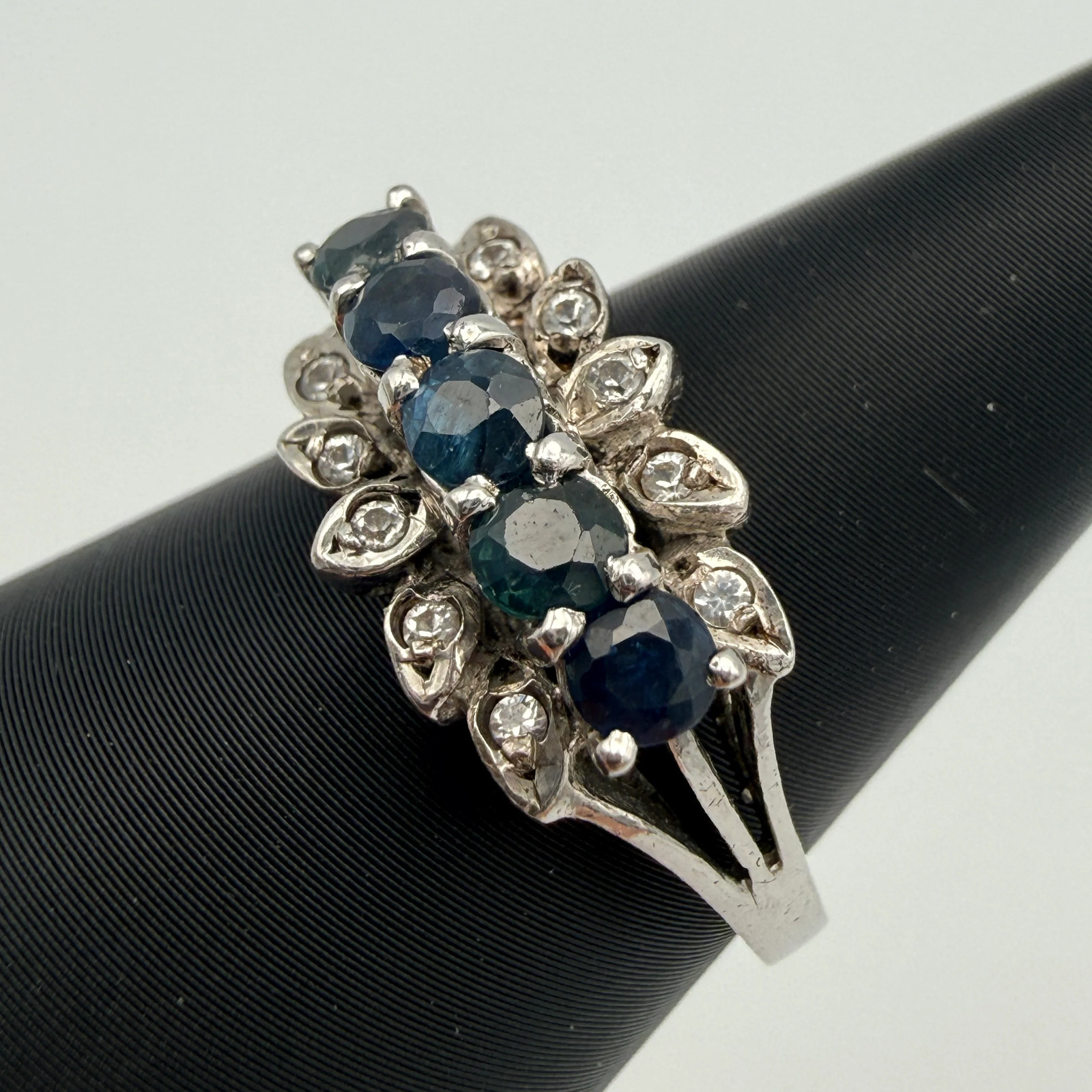 Silver Ring 925 Sterling Blue Green Stones Cubic Zirconia Ring Size 56 Vintage 1990