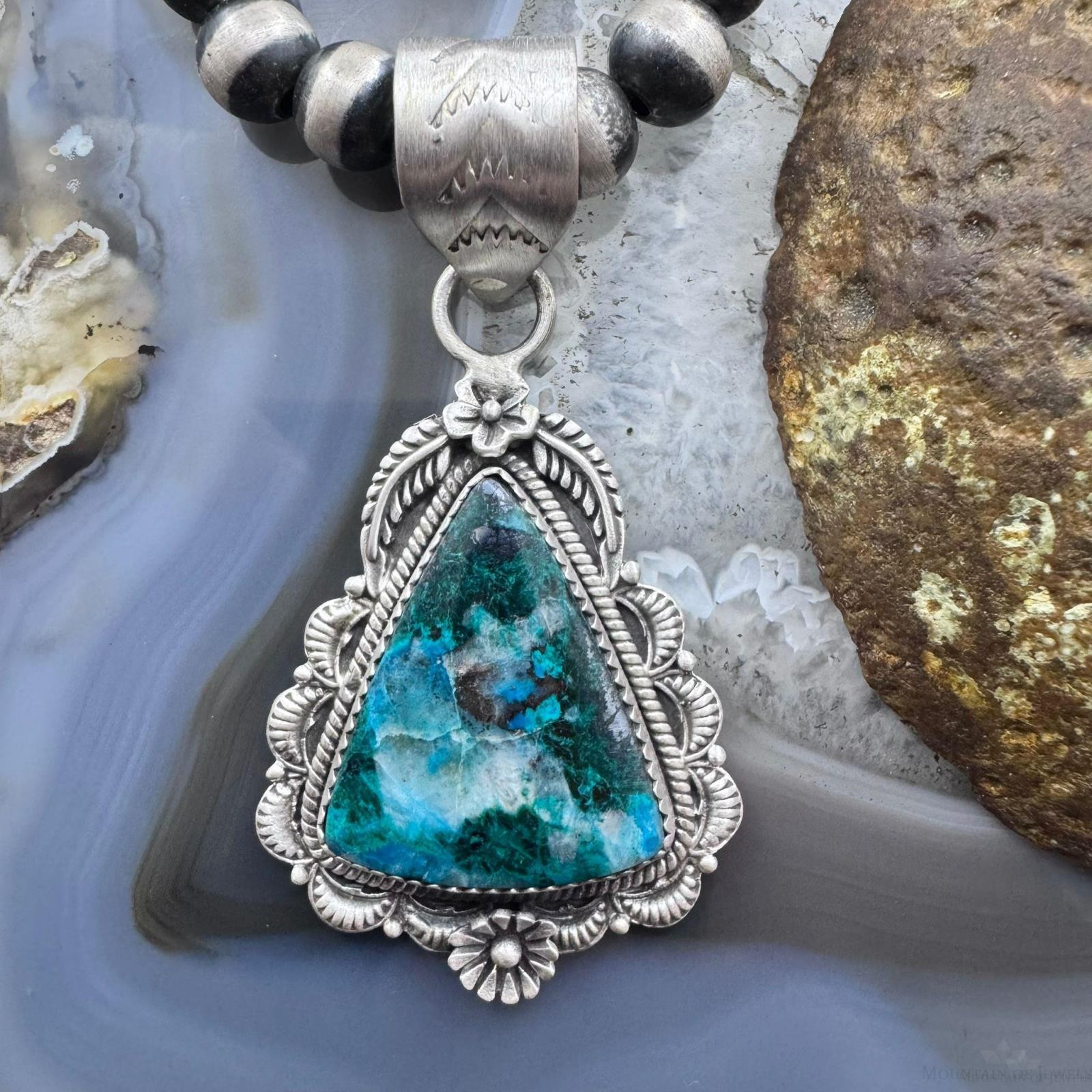 Sterling Silver Southwestern Style Triangular Shattuckite Decorated Pendant