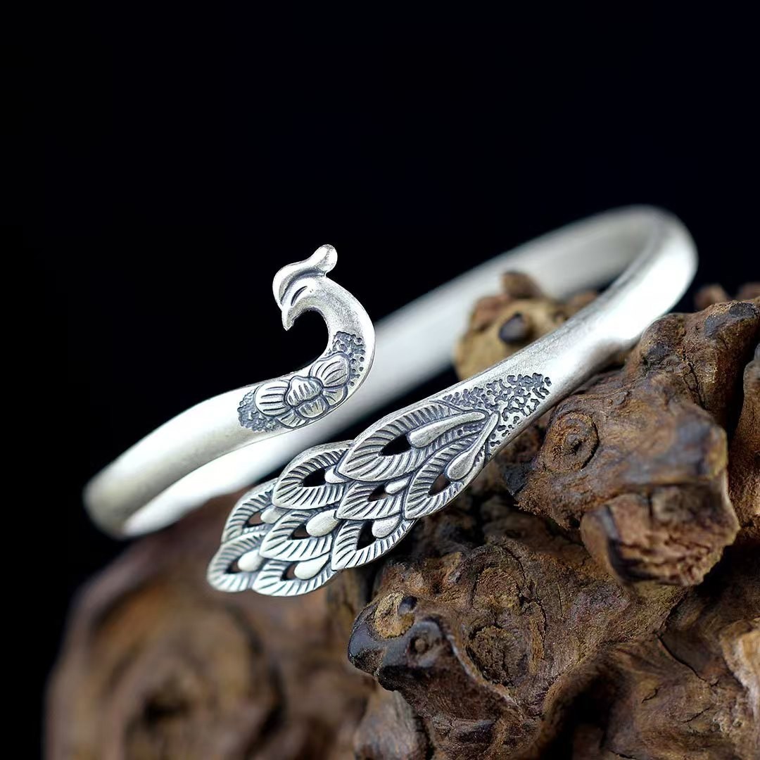 Pure S990 Fine Silver Bracelet Women Phoenix Open Bangle 25-26g ID:56mm