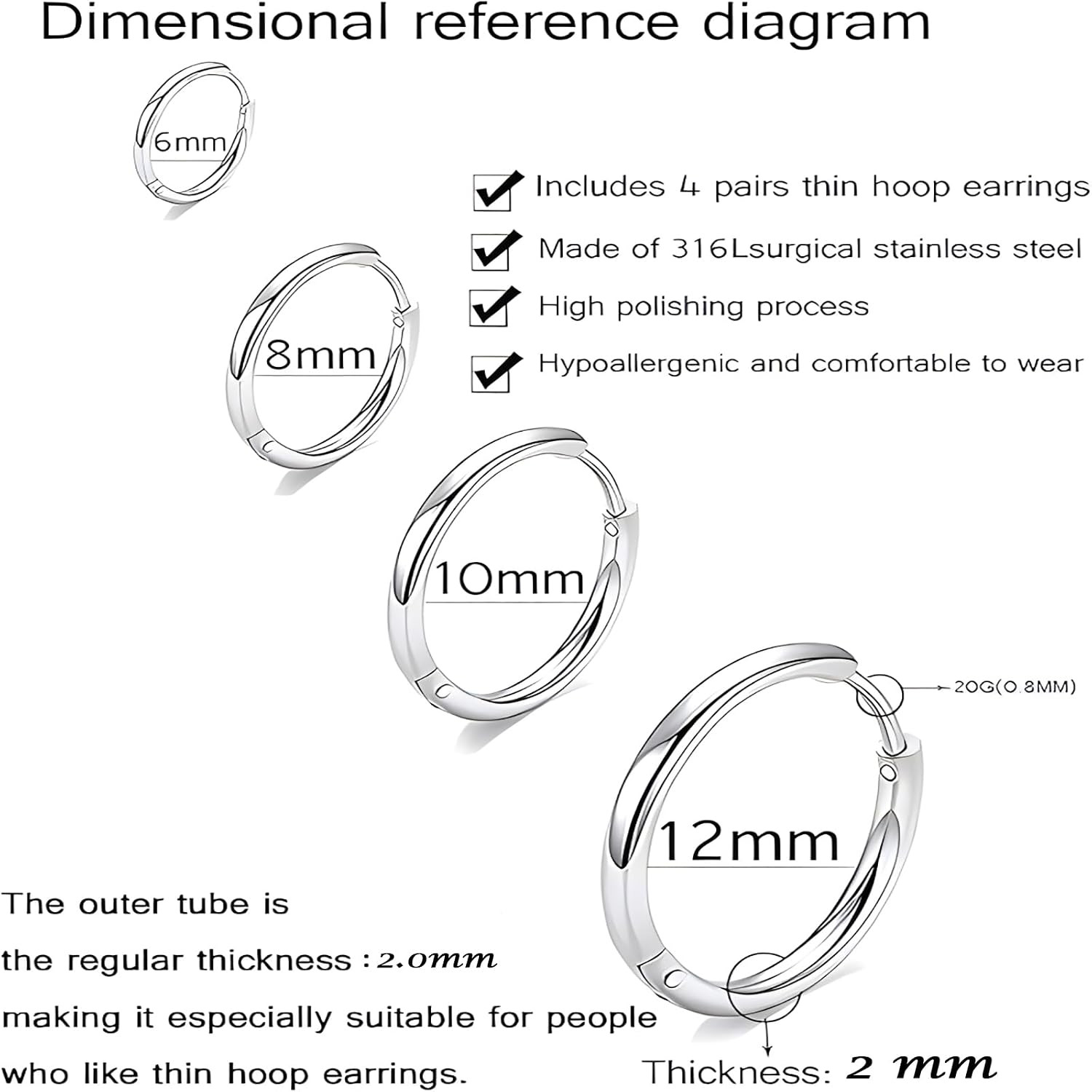 316L Surgical Stainless Steel Huggie Hoop Earrings 6Mm 8Mm 10Mm 11Mm 12Mm 14Mm H