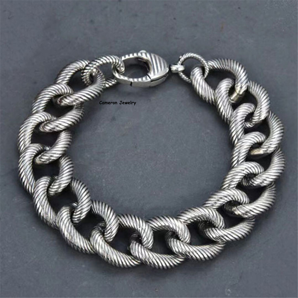 Pure S925 Sterling Silver Bracelet 14mm Feather Curb Link Chain 7.1-8.7inch