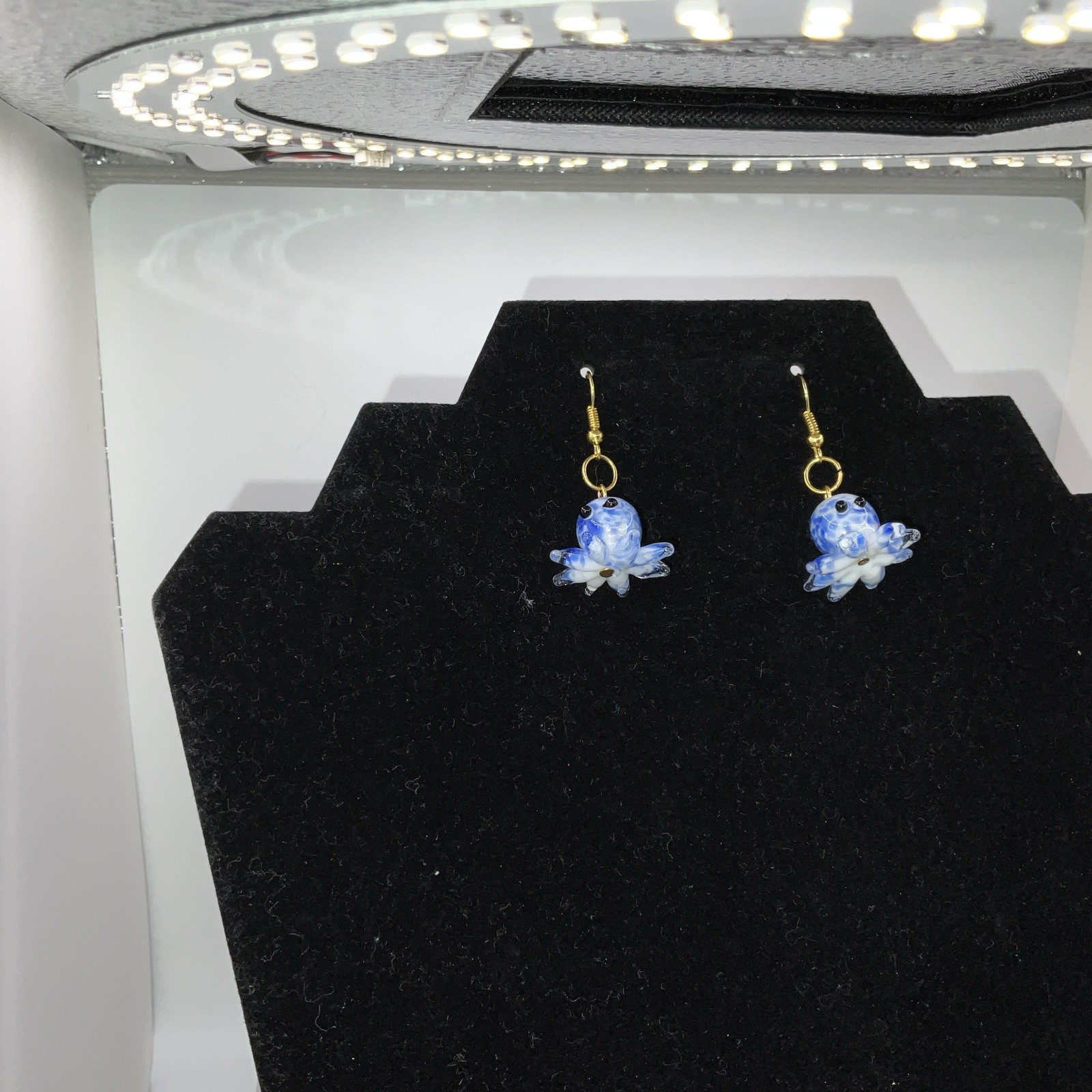 Blue & White Octopus Glass Earrings W/ Backs. Homemade 14k Extra Plated Gold New