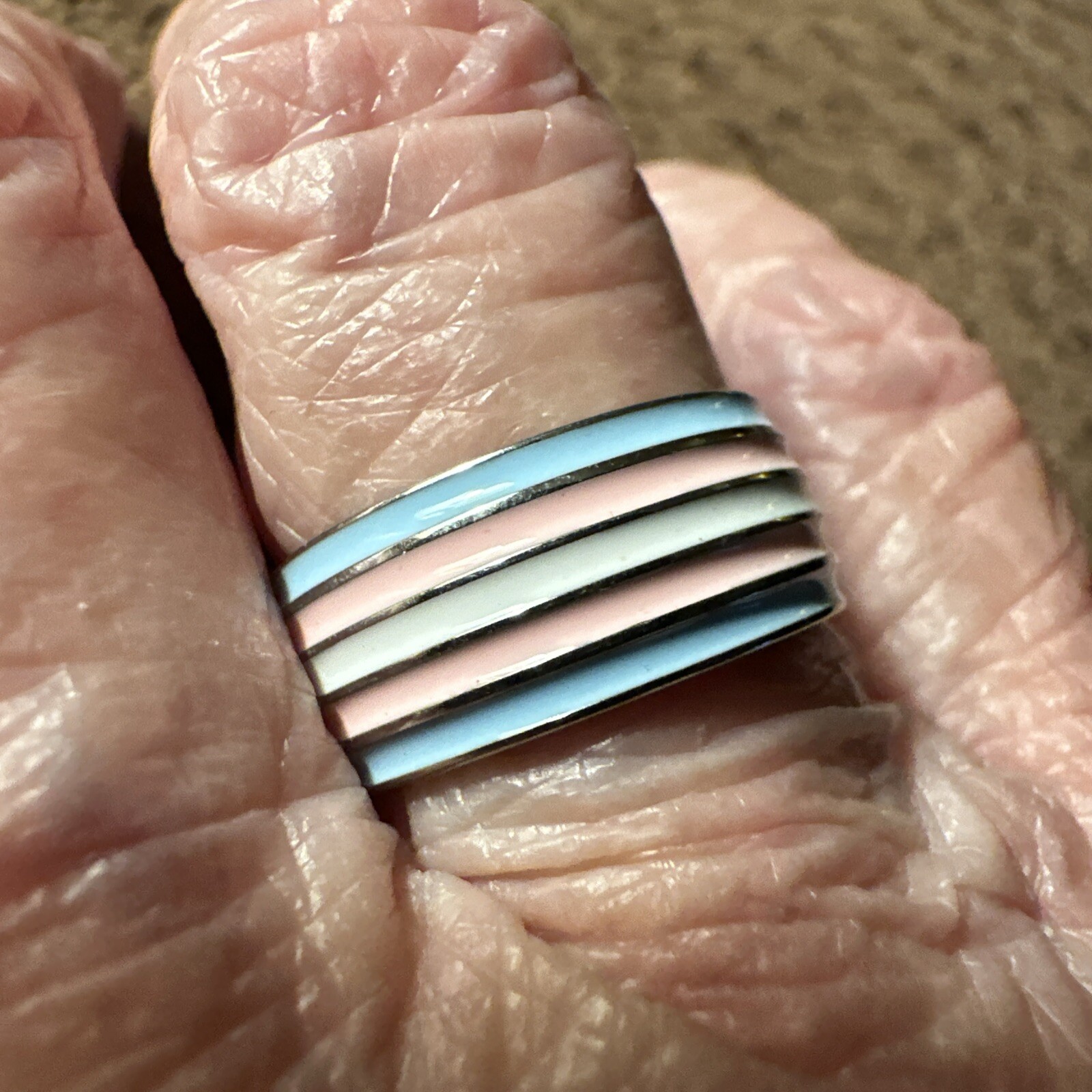 Trendy Pink Blue And White Striped Stainless Steel Ring In A Size 7