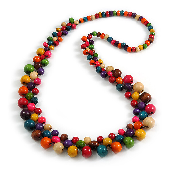 Long Multicoloured Cluster Wood Beaded Necklace – 82cm Long