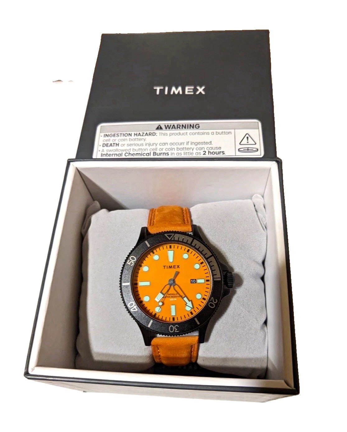 Timex Navi XL Quartz 43mm 100m Orange Dial Date Black Case Brown Strap w/Box