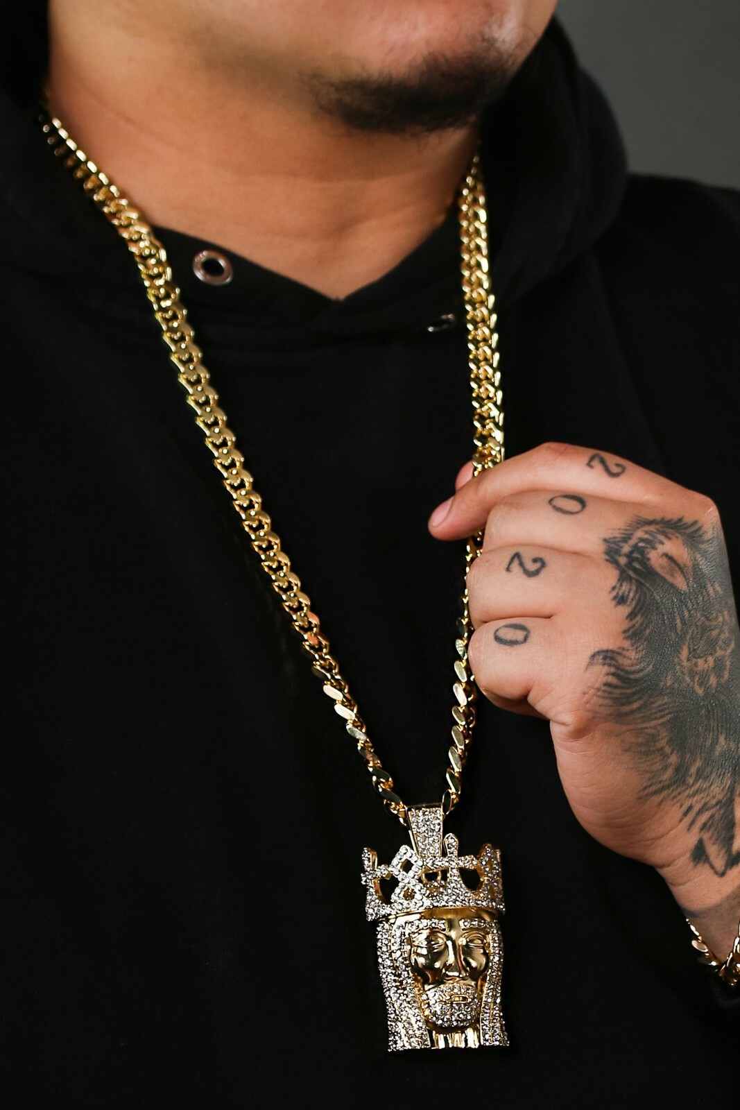 14k Gold Plated XL Jesus Royal Crown Pendant 30″ Cuban Link Chain Cubic Zirconia
