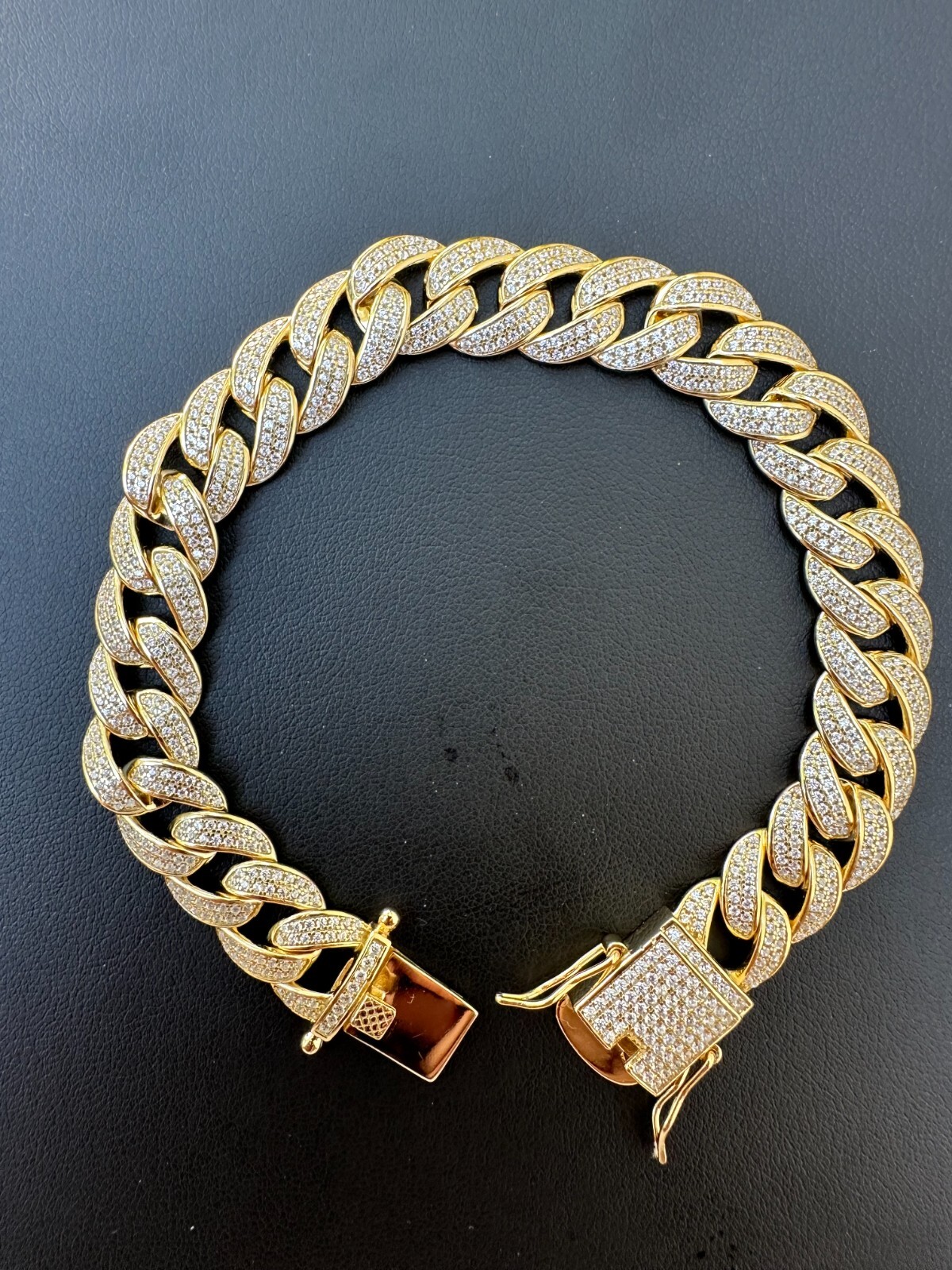 Mens Miami Cuban Link Bracelet Real Icy Solid 14k Gold Plated 925 Silver CZ 12mm